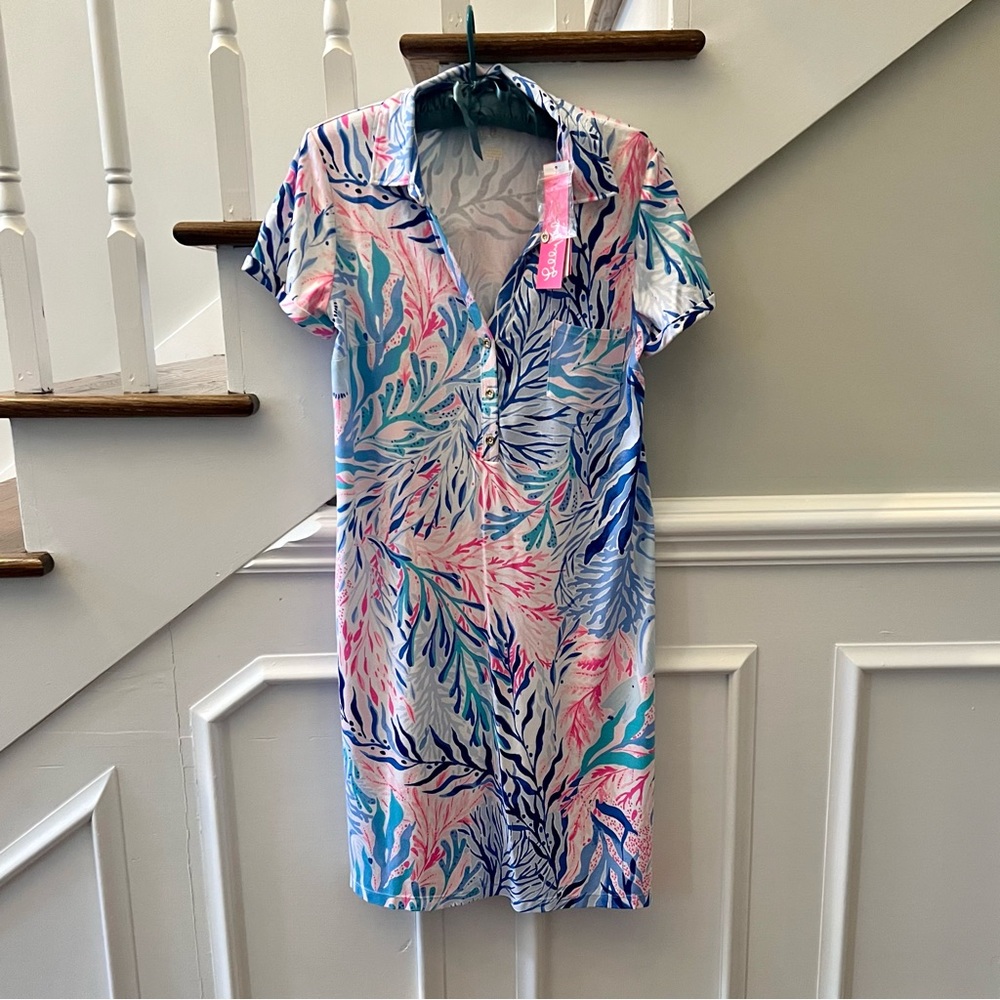 NWT Lilly Pulitzer UPF 50+ Sadie Polo Dress Crew Blue Kaleidoscope Coral. Small
